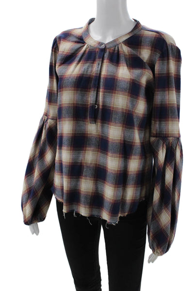 Pharaoh Womens 90s Beige Plaid Silk Button-Up Blouse Long Sleeve Size 0