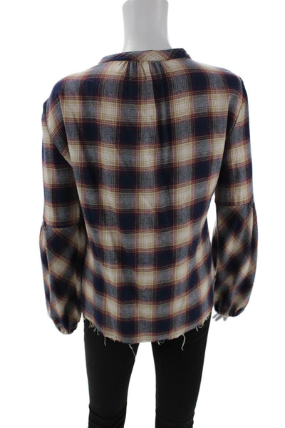 Pharaoh Womens 90s Beige Plaid Silk Button-Up Blouse Long Sleeve Size 0