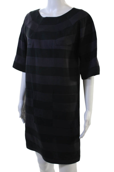 Lanvin Women Black Shift Dress 3/4 Sleeve Round Neck Striped Size 36