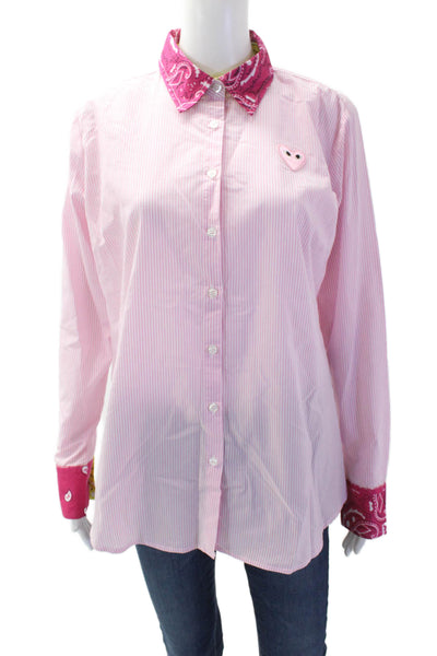 Romi Basha Women Pink Striped Paisley Collared Button-Up Cotton Top Size One