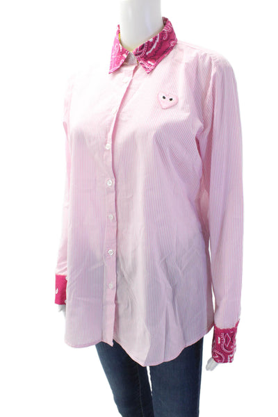 Romi Basha Women Pink Striped Paisley Collared Button-Up Cotton Top Size One