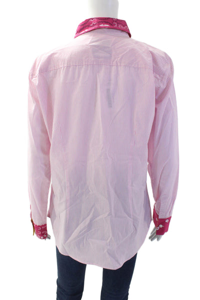 Romi Basha Women Pink Striped Paisley Collared Button-Up Cotton Top Size One
