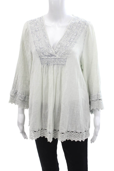 Rachel Zoe Women Boho V-Neck 3/4 Sleeve Cotton Tunic Blouse White Size M