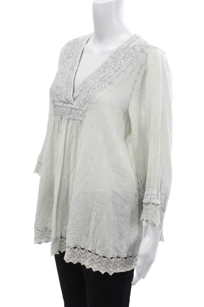 Rachel Zoe Women Boho V-Neck 3/4 Sleeve Cotton Tunic Blouse White Size M