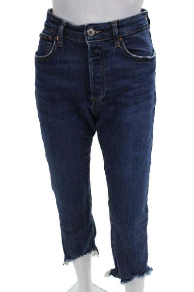 Zara Women Cropped Ankle High-Rise Dark Blue Jeans Button Size 8