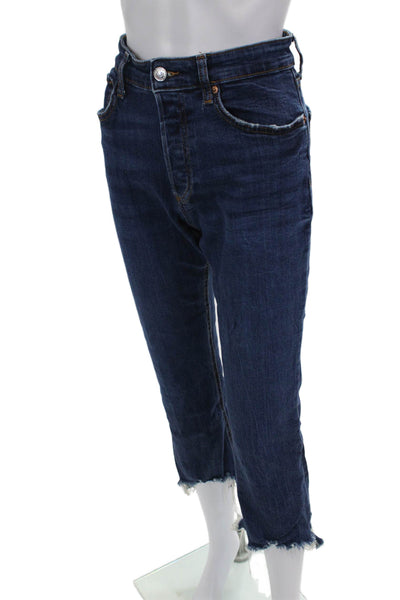 Zara Women Cropped Ankle High-Rise Dark Blue Jeans Button Size 8