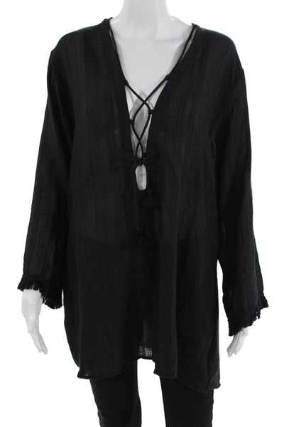 Robin Piccone Women Tunic Black V-Neck Long Sleeve Bohemian Size L