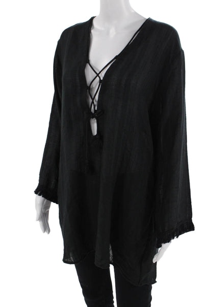 Robin Piccone Women Tunic Black V-Neck Long Sleeve Bohemian Size L