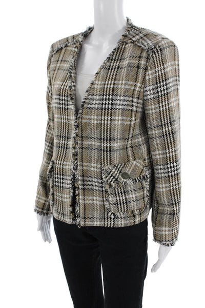 Zara Women's Lined Long Sleeves Fringe Patch Pocket Plaid Jacket Size L