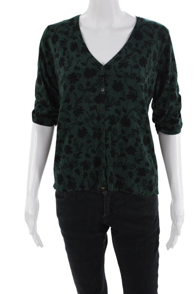 Daniel Rainn Women Cardigan Black Floral V-Neck Button 3/4 Sleeve Size M