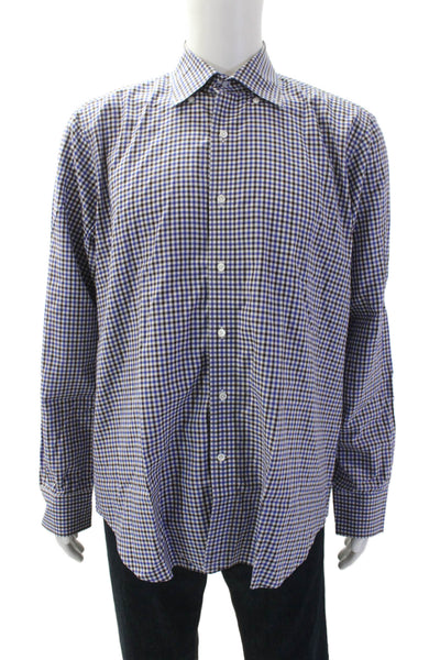 Peter Millar Mens Plaid Check Print Long Sleeve Button-Down Shirt Blue Size L