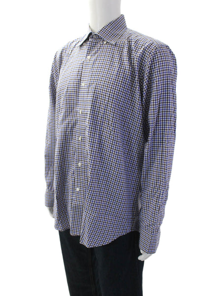 Peter Millar Mens Plaid Check Print Long Sleeve Button-Down Shirt Blue Size L