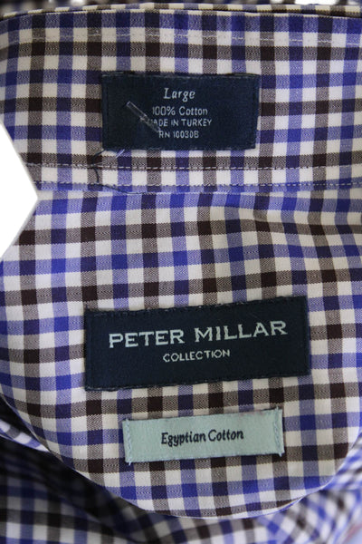 Peter Millar Mens Plaid Check Print Long Sleeve Button-Down Shirt Blue Size L