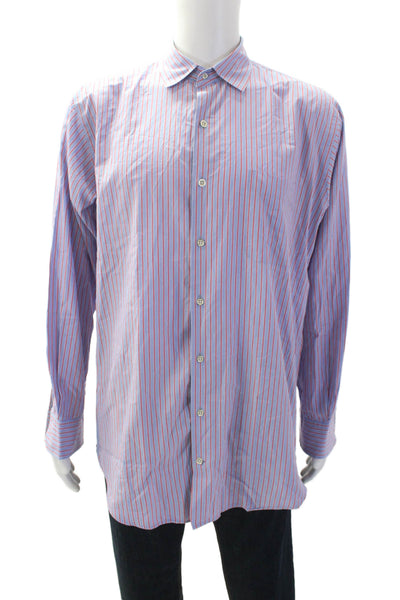 Peter Millar Mens Striped Collared Long Sleeve Button-Front Shirt Blue Size L