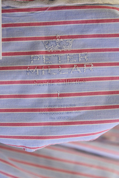 Peter Millar Mens Striped Collared Long Sleeve Button-Front Shirt Blue Size L