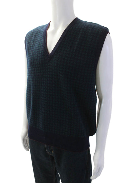 J. Mclaughlin Mens Houndstooth V-Neck Pullover Sweater Vest Green Size L