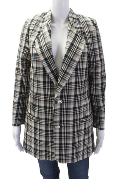 Edward Crutchley Women Beige Plaid Wool Blazer V-Neck Long Sleeve Size XS