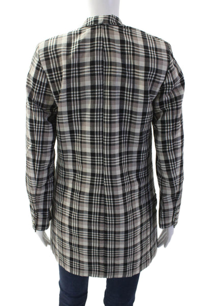 Edward Crutchley Women Beige Plaid Wool Blazer V-Neck Long Sleeve Size XS