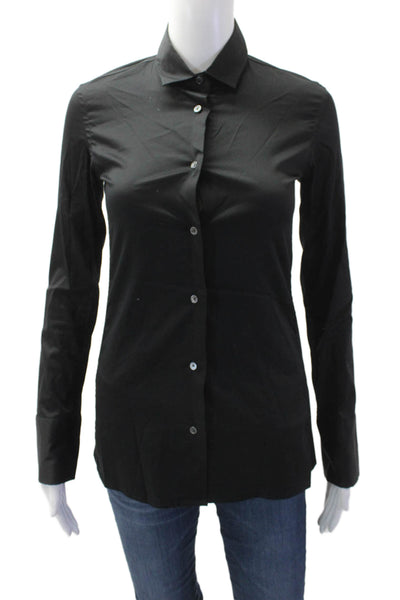 Lareida Women Black Collared Button-Up Blouse Long Sleeve Solid Basic Size 34