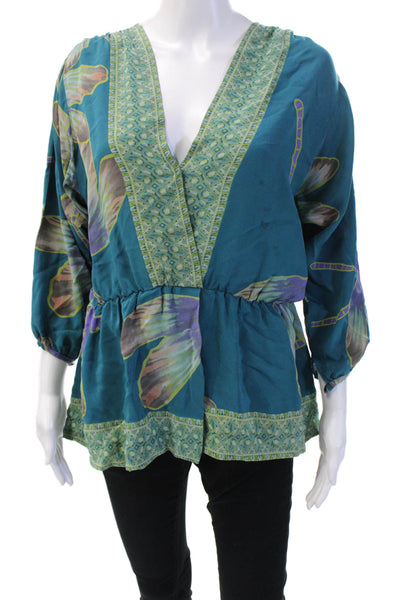 Ra Mona La Rue Womens Blue Butterfly Tunic V-Neck 3/4 Sleeve Button Size S
