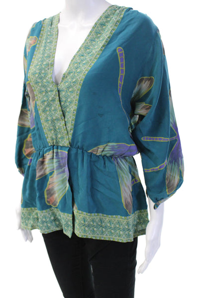 Ra Mona La Rue Womens Blue Butterfly Tunic V-Neck 3/4 Sleeve Button Size S