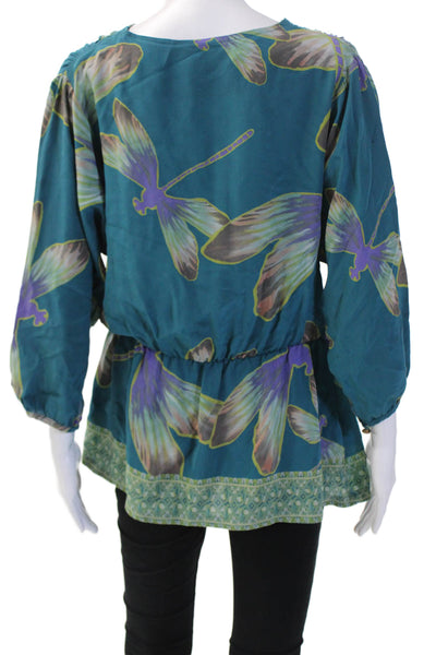 Ra Mona La Rue Womens Blue Butterfly Tunic V-Neck 3/4 Sleeve Button Size S