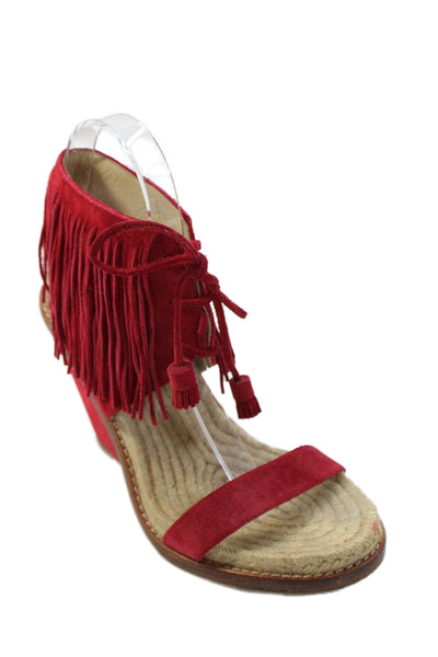 Paul Andrew Womens Suede Fringe Laced Wedge Sandals Red Size 7