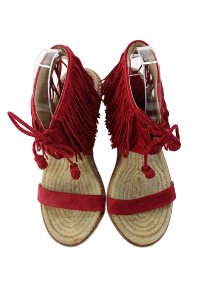 Paul Andrew Womens Suede Fringe Laced Wedge Sandals Red Size 7