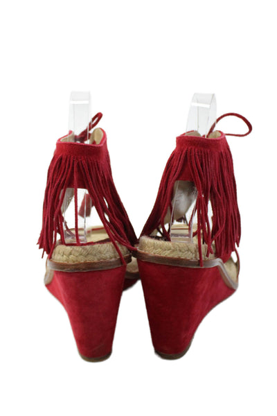 Paul Andrew Womens Suede Fringe Laced Wedge Sandals Red Size 7
