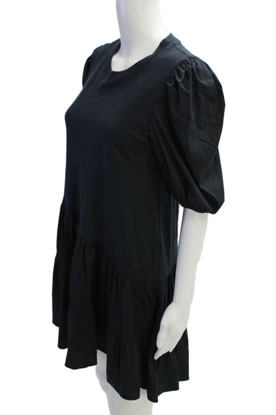 Cinq A Sept, Women Black T-Shirt Dress Crew Neck Knee-Length Cotton Size XS
