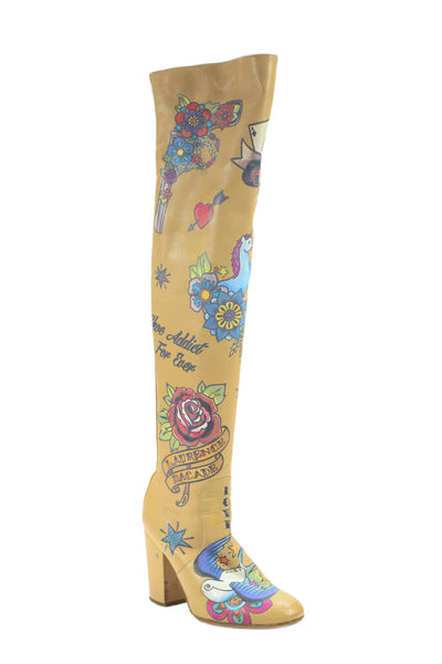 Laurence Dacade Womens Tattoo Inspired Over the Knee Boots Beige Size 7