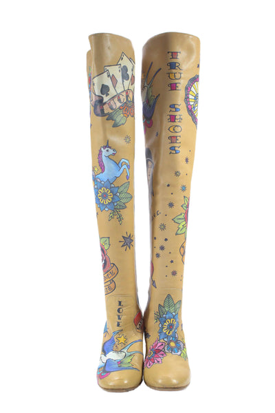 Laurence Dacade Womens Tattoo Inspired Over the Knee Boots Beige Size 7