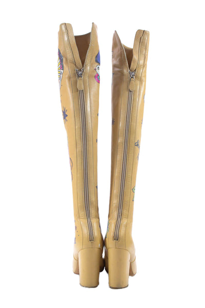Laurence Dacade Womens Tattoo Inspired Over the Knee Boots Beige Size 7
