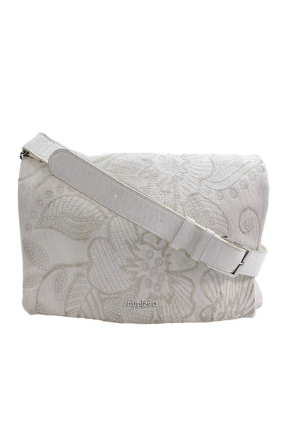 Desigual Womens Leather Embroidered Zippered Compartment Shoulder Bag White