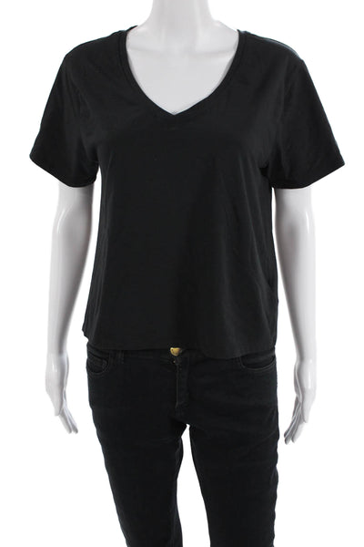 Athleta Women V-Neck Black T-Shirt Short Sleeve Cotton-Spandex Petite Size S