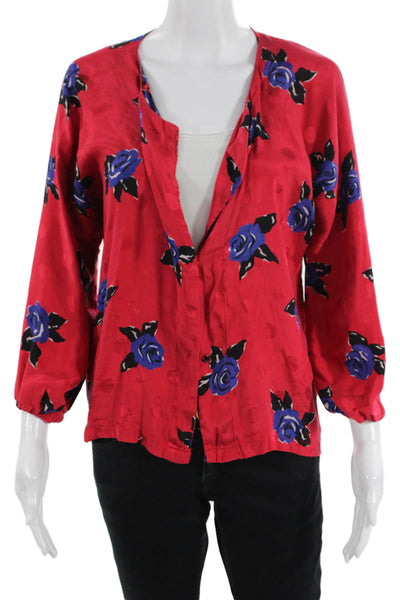 Muze Womens Red Floral Kimono Blouse 3/4 Sleeve Button Polyester Size S