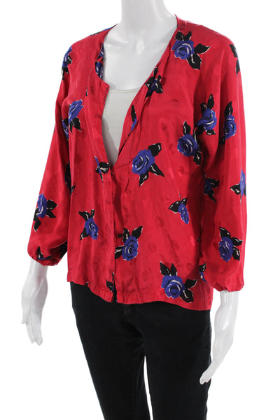 Muze Womens Red Floral Kimono Blouse 3/4 Sleeve Button Polyester Size S