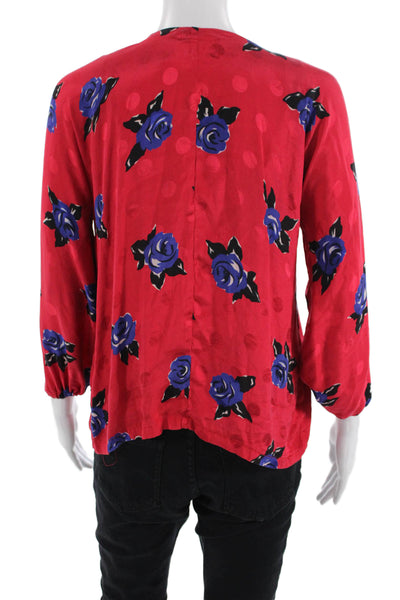 Muze Womens Red Floral Kimono Blouse 3/4 Sleeve Button Polyester Size S