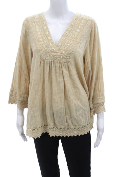 Rachel Zoe Women Beige V-Neck Tunic 3/4 Sleeve Button 100% Cotton Size M