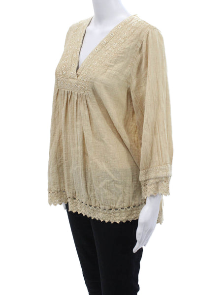 Rachel Zoe Women Beige V-Neck Tunic 3/4 Sleeve Button 100% Cotton Size M