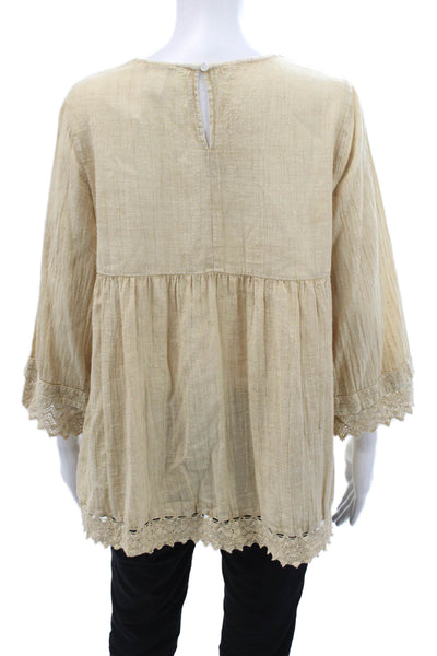 Rachel Zoe Women Beige V-Neck Tunic 3/4 Sleeve Button 100% Cotton Size M