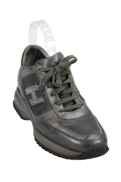 Hogan Women's Lace Up Leather Rubber Sole Trainer Sneakers Silver Size 8