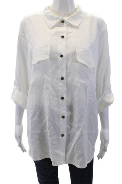 Free For Humanity Women White Lyocell Skull Tunic Button-Up 3/4 Sleeve Size L