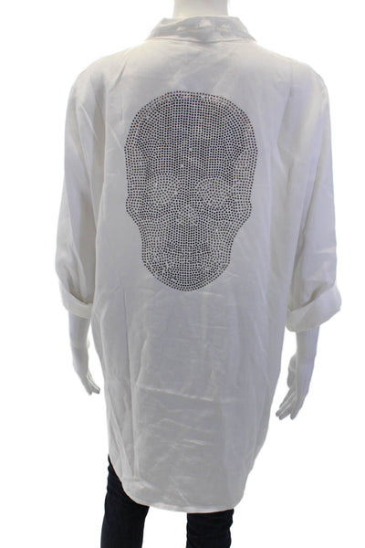 Free For Humanity Women White Lyocell Skull Tunic Button-Up 3/4 Sleeve Size L