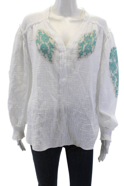 Vanita Rosa Women Boho Floral V-Neck Tunic Blouse White Long Sleeve Size S
