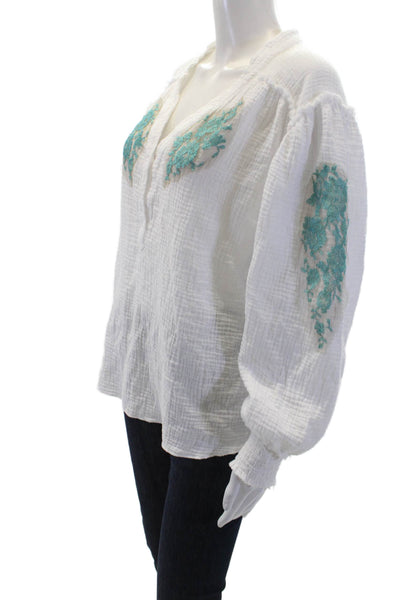 Vanita Rosa Women Boho Floral V-Neck Tunic Blouse White Long Sleeve Size S