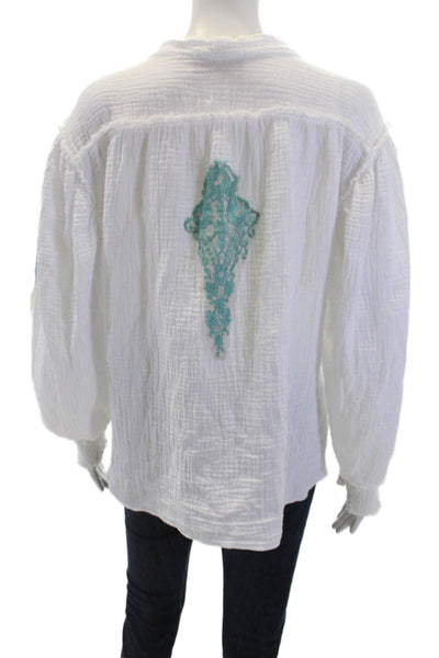 Vanita Rosa Women Boho Floral V-Neck Tunic Blouse White Long Sleeve Size S