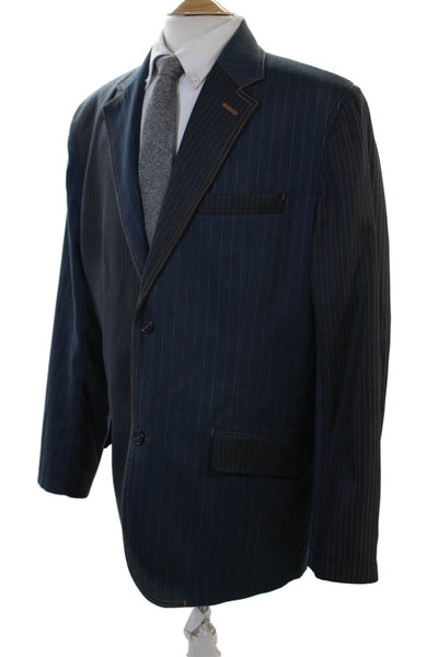 Marc Ecko Mens Striped Contrast Stitching Detail Two Button Blazer Blue Size XL