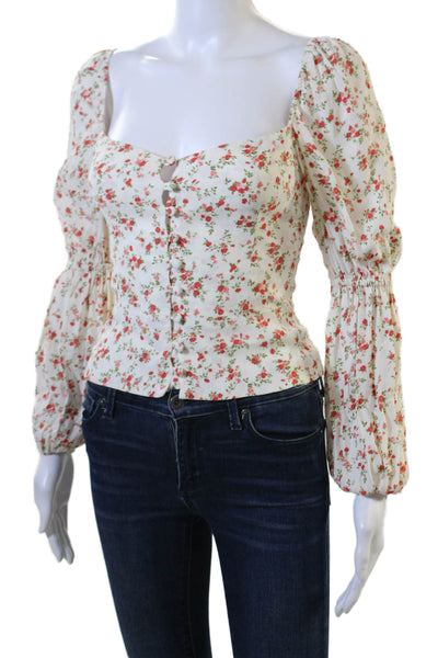 Reformation Women Cropped White Bohemian Floral Button-Up Blouse Size 0
