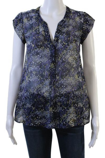 Joie Women Black Silk V-Neck Floral Short Sleeve Blouse Size 2XS
